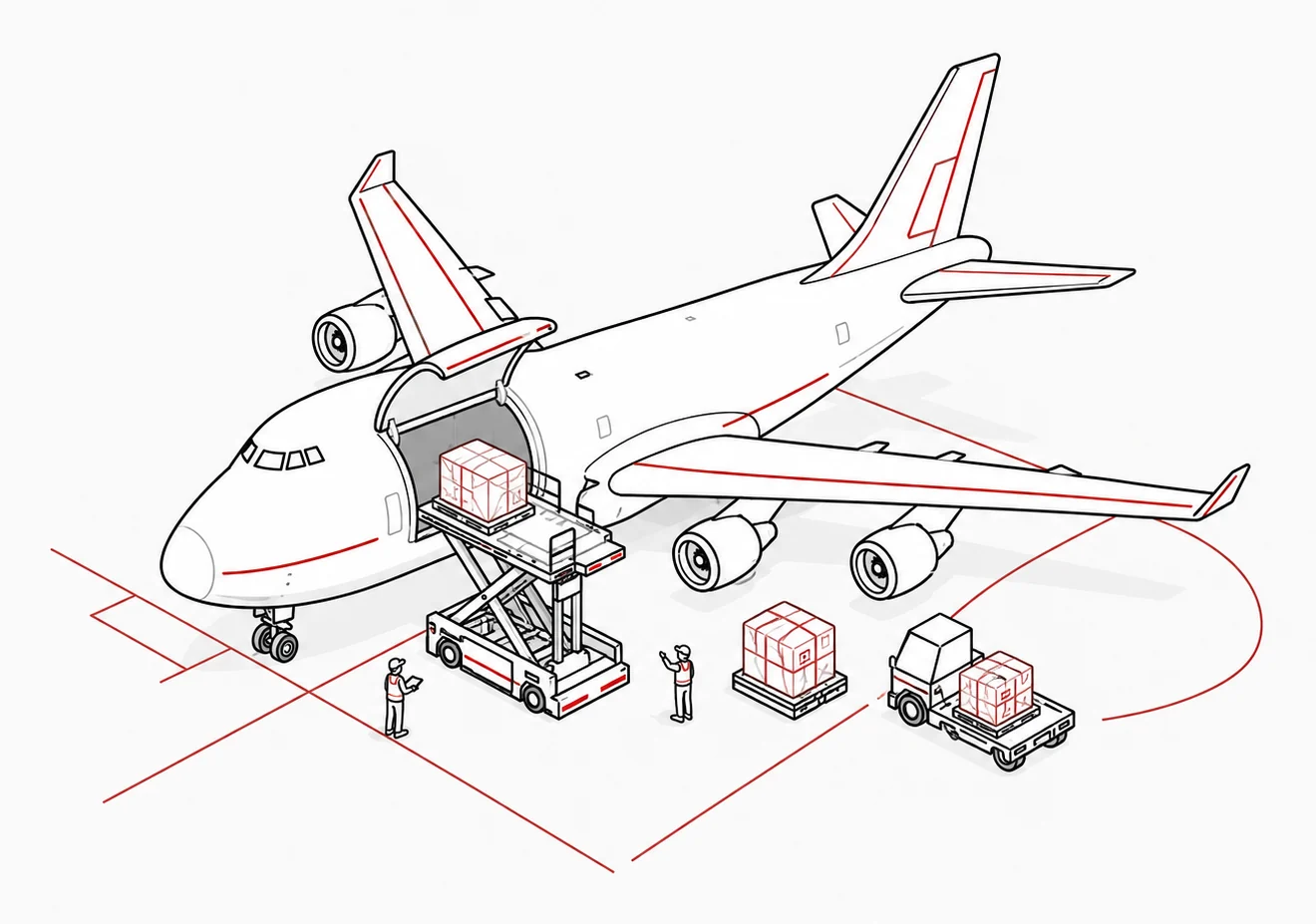 Ilustración de una operación de carga aérea con avión, pallets y equipo de rampa