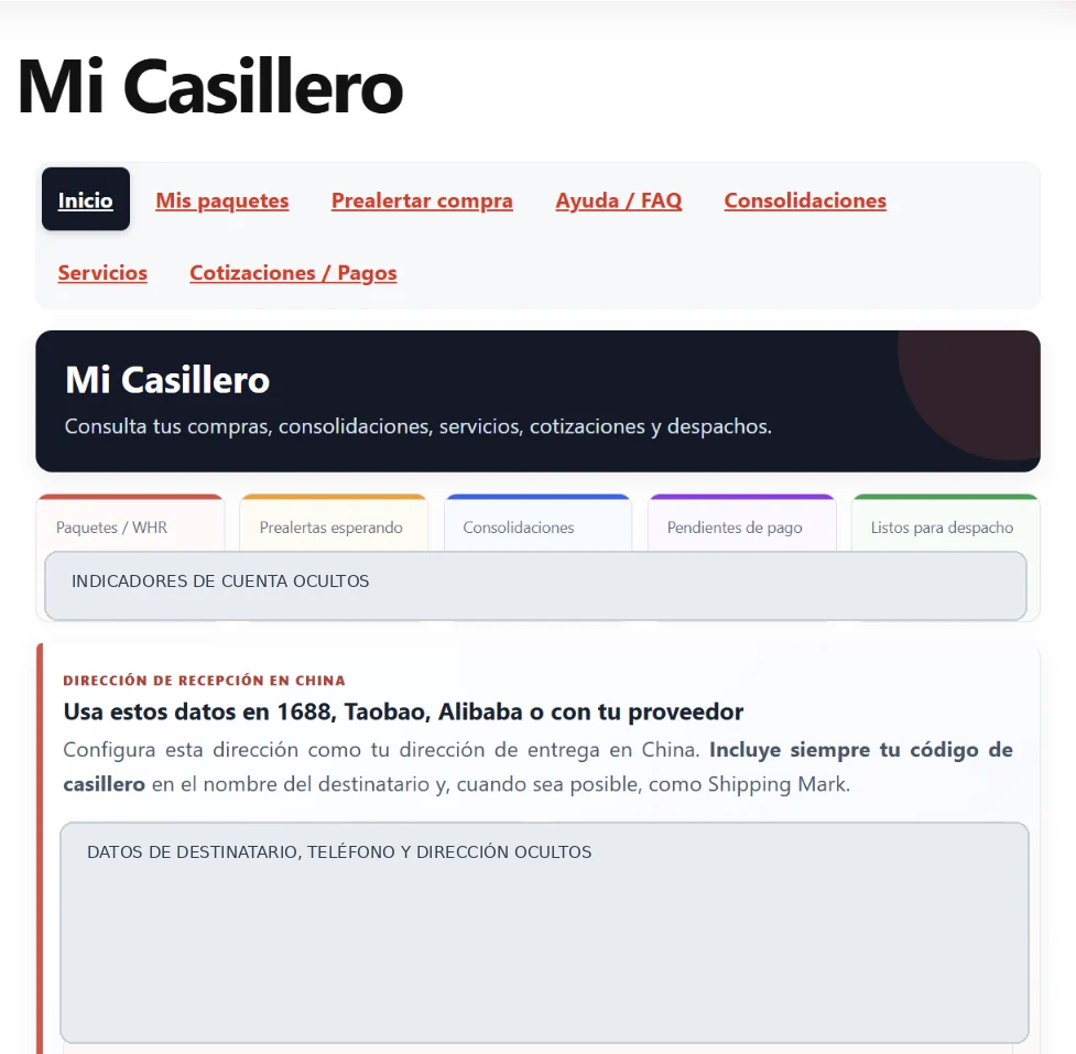 Captura anonimizada del panel Mi Casillero de TCC Platform