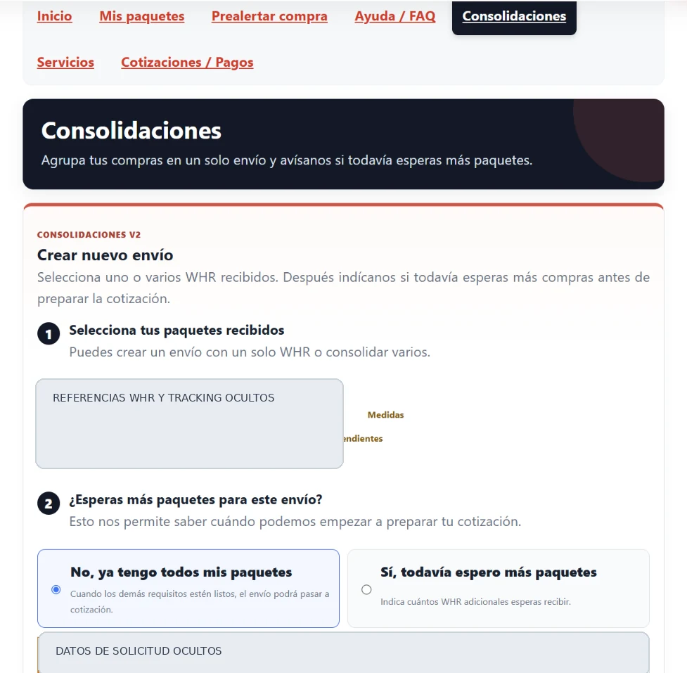 Captura anonimizada de una consolidación en Mi Casillero