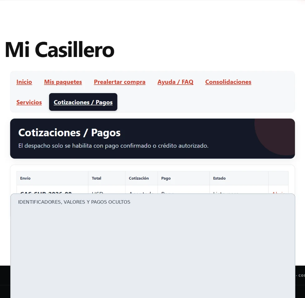 Captura anonimizada de cotizaciones y pagos